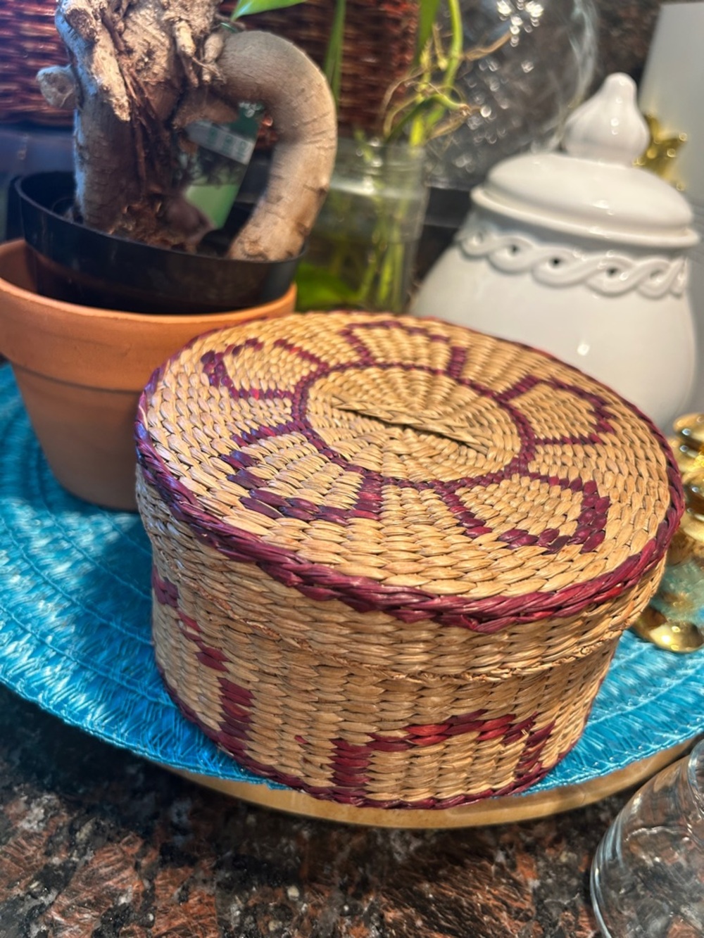 Vintage Handwoven Round Woven Storage Basket with Lid - Natural & Purple